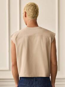 SWAVVY Men's Summer Casual Sleeveless T-Shirt, White Color, Crafted Patchwork Design - Brown - View 2