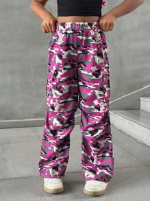 SHEIN 青少年女孩休闲街头 Y2K 迷彩印花宽松直筒宽裤