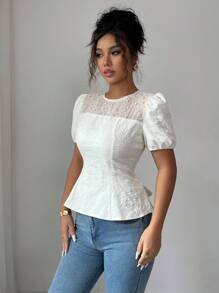 Elenzga Puff Sleeve Ruffled Hem Square Neck Square Neck Waist Decorated Pearl Detail Elegant Romantic Cream Yellow Ladies Blouse