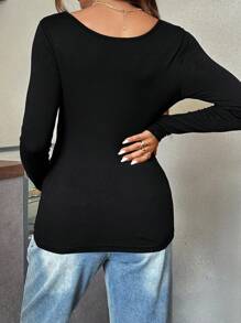 SHEIN Maternity Plain Round Neck Long Sleeve Casual Slim Fit T-Shirt - Black - View 8