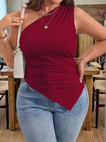 EMERY ROSE 大码女式休闲纯色不对称领口修身衬衫 - 酒紅色 - 查看 5