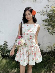 SHEIN Teen Girls' Casual Simple Comfortable Round Neck Sleeveless Floral Print Dress - Apricot - View 6