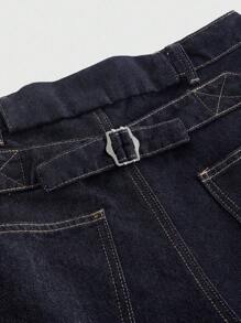 ROMWE MEN Street Life Men's Button Front Pockets Wide Leg Loose Casual Capri Denim Jeans - Blue - View 2