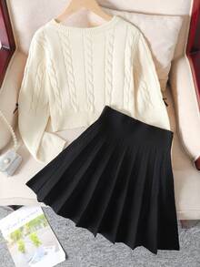 SHEIN Tween Girl Casual Cable Knit Intarsia Plain Crew Neck Bowknot Long Sleeve Sweater & Pleated Skirt 2-Piece Set, Back To School,Halloween ,Perfect For Christmas,Bow Pullover Set,In Fall/Winter