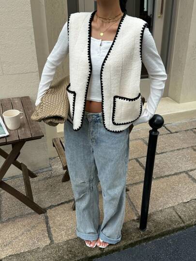 Siren Gaze 女式撞色贝壳边口袋无袖夹克背心，秋季外套无袖夹克，黑色饰边，复古，返校，秋季，冬季