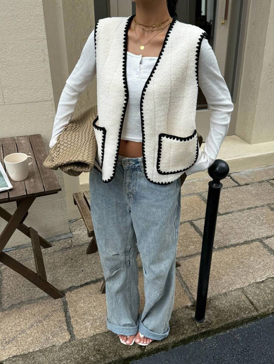 Siren Gaze Veste sans manches femme avec bordure contrastée et poches, veste d'extérieur sans manches avec bordure noire, vintage, rentrée scolaire, automne, hiver