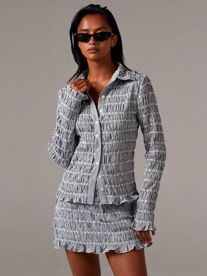 Athîral Conjunto de 2 piezas de camisa informal a rayas con botones y minifalda para mujer, atuendo de trabajo