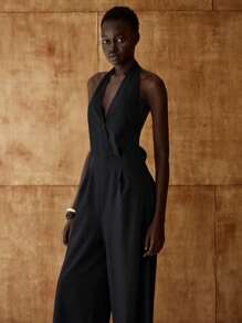 Lumivelle Women's Minimalist Halter Neck Solid Color Side Knot Wide Leg Jumpsuit - Black - View 5