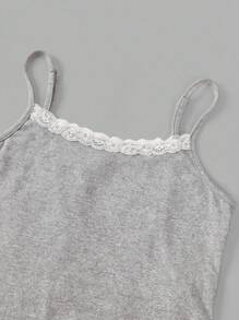 青少年女孩休闲家居服合身蕾丝花边吊带背心和阔腿条纹针织裤套装，麻灰色 - 淺灰色 - 查看 3