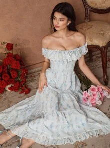 Savoree 浅蓝色优雅浪漫花卉印花雪纺蝴蝶结装饰荷叶边下摆甜美长裙，适合婚礼宾客，仙女裙，露肩 - 藍色 - 查看 6