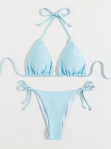 Swim Mod Summer Beach Halter Triangle Tie Side Bikini - Baby Blue - View 4