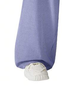 青少年（女孩）休闲、度假、优雅、学院风蓝白对比、可爱蝴蝶结装饰、棉质舒适百搭裤 - 藍白色 - 查看 5