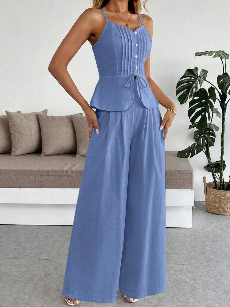 SHEIN LUNE 2 قطعة/طقم بنطلون أرجل واسع وقميص كاميسول أبيض كاجوال رفيع - أزرق بحري - مشاهدة 6