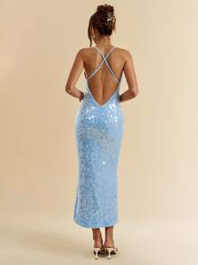 SHEIN BAE 夏季性感华丽薄荷绿亮片波西米亚风海滩度假演唱会服装女式露背夏季连衣裙，女士夏季服装，女士性感俱乐部服装，闪亮度假连衣裙，派对连衣裙 - 淺藍色 - 查看 2