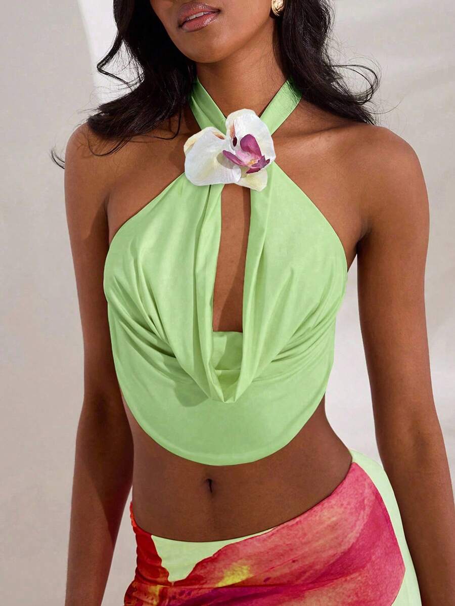 Opulessa 纯色针织露背女式上衣 - 橄欖綠 - 查看 1