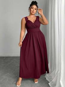 SHEIN Elenzya 加大码 V 领撞色蕾丝细肩带 A 字开衩连衣裙 - 酒紅色 - 查看 4