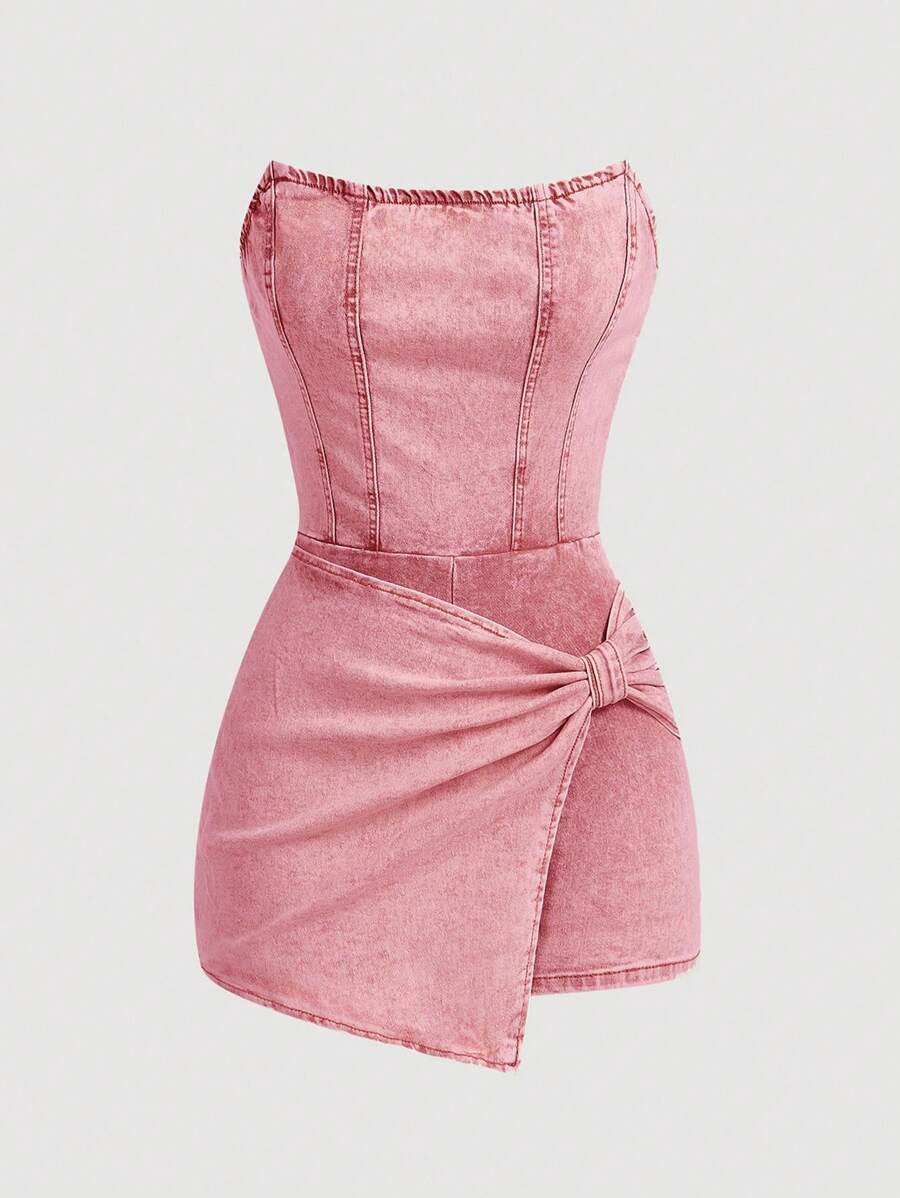 SHEIN MOD Bộ đồ liền thân denim ôm vừa vặn gợi cảm có thiết kế khóa kéo phía sau - Hồng - Xem 1