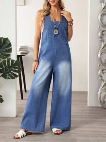 EMERY ROSE 女式休闲阔腿牛仔背带裤 - 藍色 - 查看 5