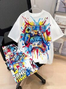 SHEIN Set de 2 piezas de camiseta de manga corta con gráfico de videojuego y pantalones cortos para niño preadolescente