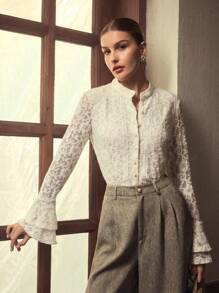 ZEYLAH LACE BUTTON UP BLOUSE - White - View 5