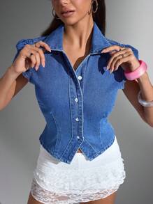 Jeanoix Chaqueta de mezclilla con cuello vuelto y botones, manga corta - Azul lavado medio - Ver 5