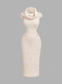 SHEIN MOD Women Off Shoulder Fitted Knit Dress, Solid Color Elegant,Back To School,Business Casual Woman,Vacation Outfits Women,Fall Clothes,Office Outfits For Women,Elegant Dresses For Women,Winter Clothes For Women,Western,Western Wear Women,Vintage - Apricot - View 2