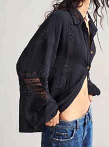 Bohemela 大码纯色简约镂空长袖衬衫，休闲日常穿着