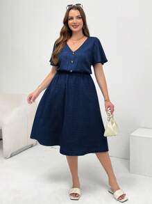 SHEIN Essnce Vestido casual de verano holgado y cómodo para mujer de talla grande, de longitud media con bolsillos, cuello en V, mangas cortas, estilo europeo de verano, adecuado como atuendo de maestra, vestido sencillo