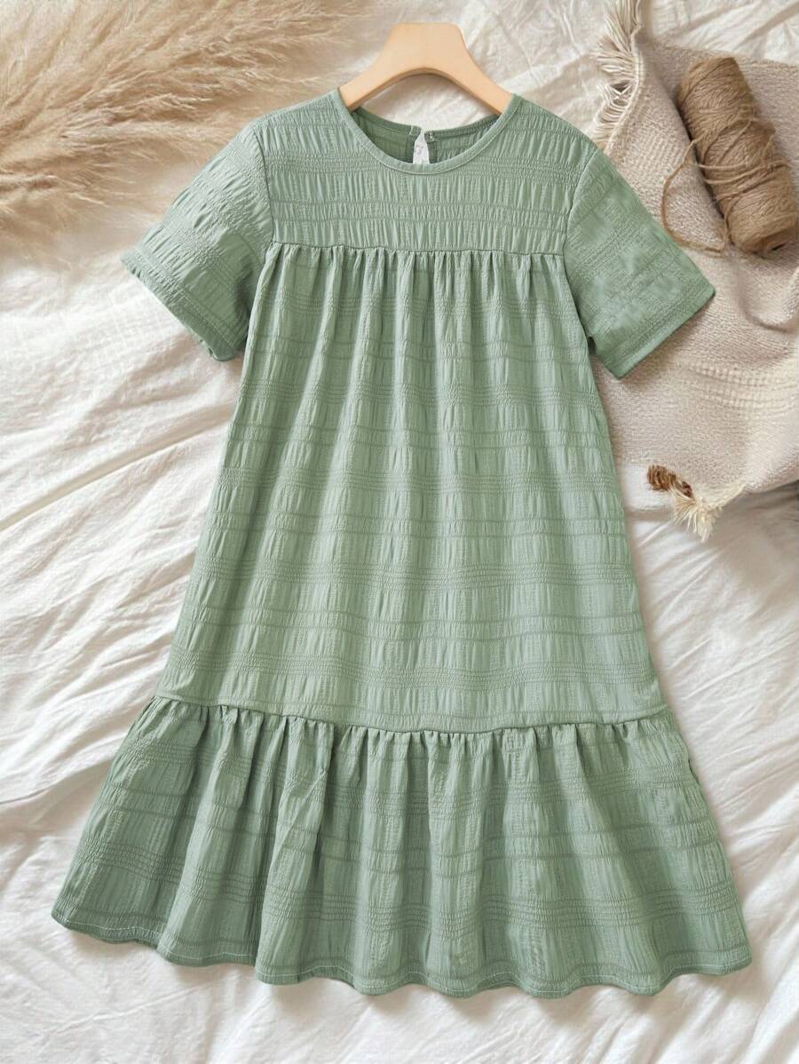 Tween Girl Green Textured Fabric Comfortable Casual Loose Vacation Dress,Holiday Summer Travel - Army Green - View 1