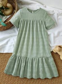 Tween Girl Green Textured Fabric Comfortable Casual Loose Vacation Dress,Holiday Summer Travel - Army Green - View 10