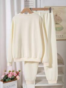 Conjunto de sudadera de manga larga con estampado de letras y lazos y pantalones de puño acanalado para niña pequeña y preadolescente, ropa de dormir, moda de regreso a la escuela