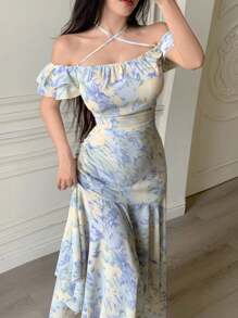 Modelyn Robe d'été élégante pour femme en mousseline imprimée, épaules dénudées, croisée, plissée avec ourlet irrégulier - Bleu azur - Voir 3