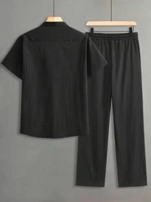 Manfinity Homme 男士立领黑色短袖衬衫和裤子套装，时尚现代，休闲装，成熟休闲通勤和度假装，送给丈夫或男朋友的礼物，情侣装，舒适装 - 黑色 - 查看 2