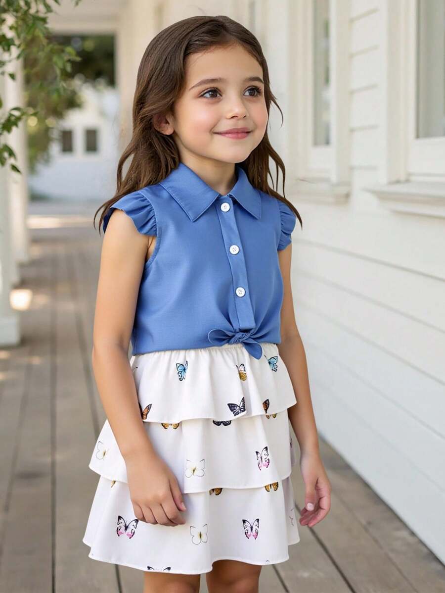 Souflis Souflis 小女童蝴蝶圖案多層下擺吊帶連衣裙和襯衫