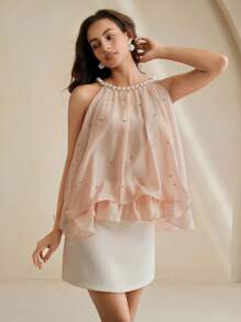 Anewsta Elaire Fashionable Elegant Chic Fresh Rhinestone & Pearl Decor Sleeveless Women Tank Top - Pink - View 3