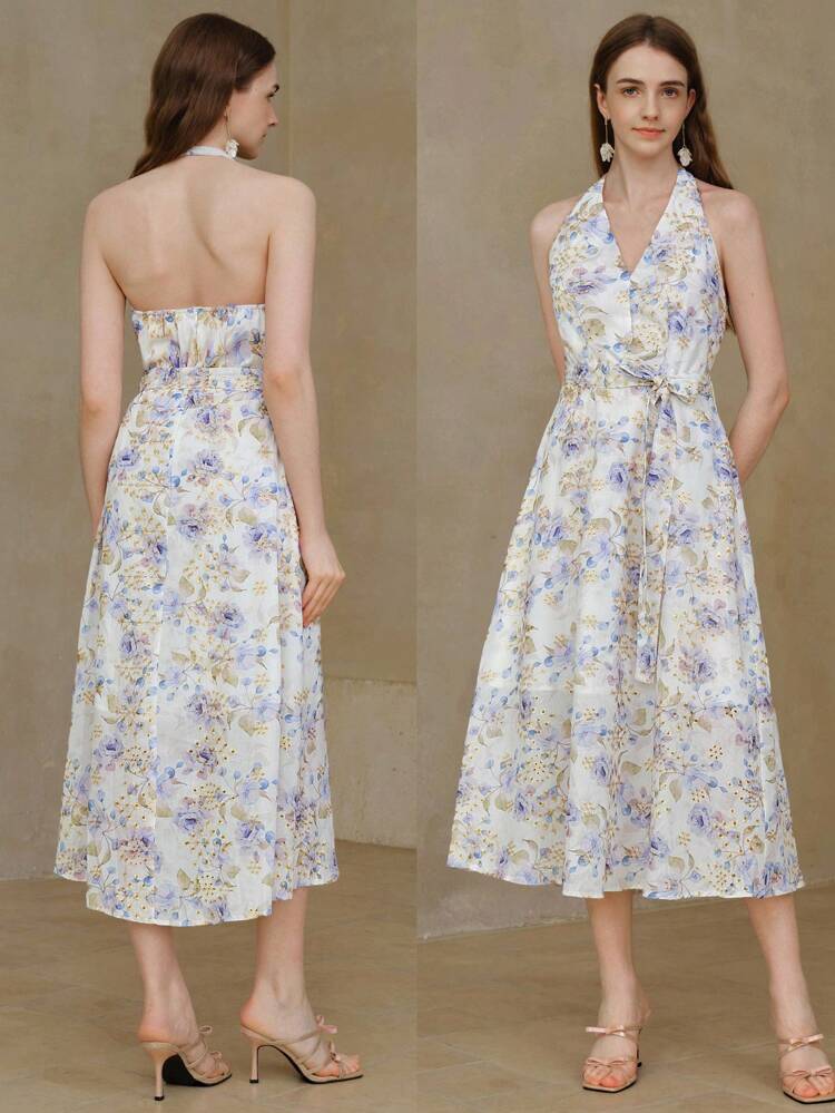 ALLOVER FLORAL PRINT OPEN BACK HALTER NECK BELTED DRESS