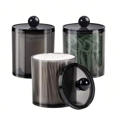 1 件透明收纳盒，用于清洁棒、圆形垫和牙线签 - 10 盎司透明塑料罐套装，适用于浴室和梳妆台的收纳和整理，黑色床头柜化妆收纳盒，客厅装饰笔筒收纳盒