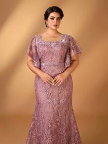 Serin Đầm mẹ dáng ôm cổ tròn thanh lịch lãng mạn cỡ lớn đính hoa trang trí tay bèo nhún viền đuôi cá - Bụi hồng - Xem 2