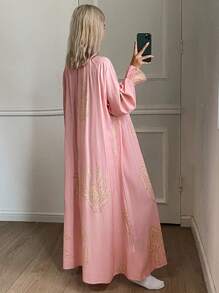 DAZY All-Over Pattern Loose Fit Ruffle Hem Lantern Sleeve Long Nightgown For Women, Fall Pajama - Apricot - View 2