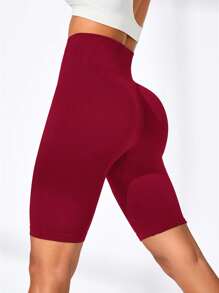 Easithlete 简约纯色高腰无缝运动短裤机车短裤女式收腹酒红色机车短裤高腰机车短裤收腹瑜伽短裤女式高腰运动短裤 - 酒紅色 - 查看 2