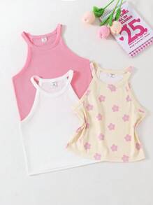 Conjunto de 3 piezas de estilo minimalista Morandi con flores y unicolor para niñas preadolescentes, conjunto de camiseta interior, top sin mangas y blusas sin mangas para niñas, paquete de blusas de verano para niños