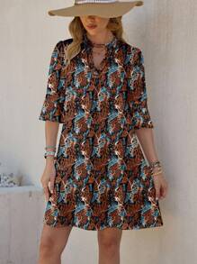 Shutterstock Glamance Robe courte d'été décontractée à col en V plongeant, imprimé allover, manches évasées pour femme. Robe-chemise tunique de femme à manches 3/4, imprimé abstrait - Marron - Voir 3