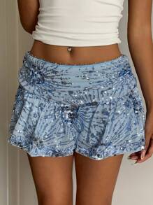 Comfortcana 时尚蓝色亮片低腰迷你裙，夏季