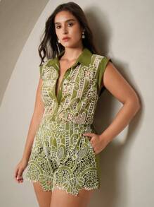 Anewsta Luxury Retro Floral Embroidered Women 2-Piece Set - Green - View 6