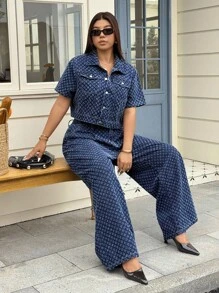 SHEIN ICON 大码女式钩针牛仔夹克，短袖，春夏 - 深色水洗藍 - 查看 6