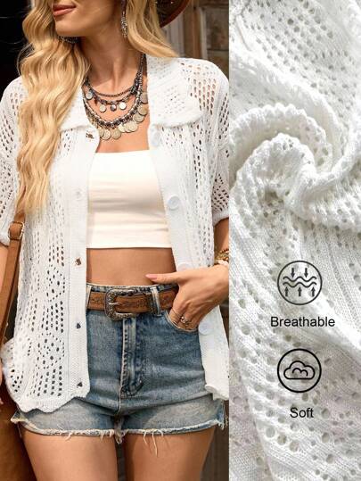 LanaWest Women's Casual Vintage Hollow Out White Cardigan