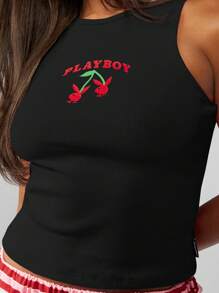 Missguided x Playboy Y2K 美学樱桃印花罗纹背心无袖夏季短款上衣工字背心经典休闲背心春季街头服饰 - 黑色 - 查看 1