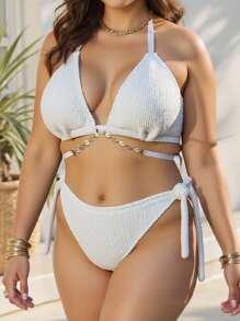 SHEIN Swim Curve Bộ bikini tam giác cạp cao cổ yếm vải nhún màu trơn cỡ lớn cho nữ, phù hợp mặc trong ngày lễ và thường ngày - trắng - Xem 4