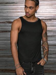 AXEPEAK 男式纯色铆钉装饰罗纹圆领黑色背心