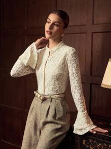 ZEYLAH LACE BUTTON UP BLOUSE - White - View 6